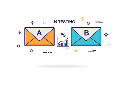A B testing email strategy represented by two contrasting envelope icons labeled A and B with a small comparison chart between them. The composition conveys