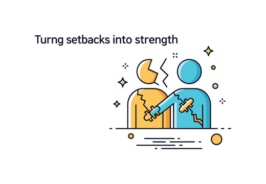 Turning setbacks into strength concept featuring a cracked shape with golden repair lines forming a stronger unified figure. The composition conveys growth