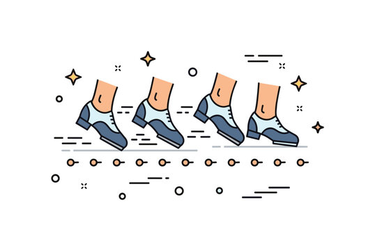 Footwork speed training depicted by a sequence of small stepping marks beneath tap shoes with subtle motion lines, expressing agility, tempo control, and