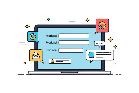 Digital feedback form on a laptop screen with colorful highlights, icons, and comment sections, illustrating user-friendly interface and responsive design.