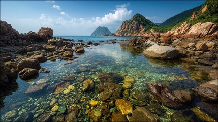 Obraz premium A photograph of VietNam 100 with con dao island coastline, rock formations, vietnamese spring, ultra realistic landscape photography, wide angle lens, natural colors, clean composition, no people
