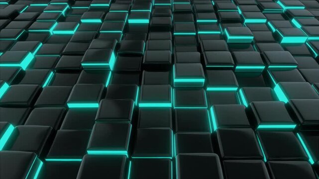 Abstract three dimensional neon teal cube tile grid background, glossy black blocks, hologram data lines, futuristic tech mood