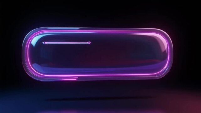 Neon glossy hologram capsule button interface, futuristic purple 3D render floating on dark background with sleek soft glow
