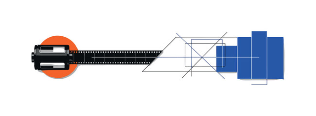 Black and white vintage camera film roll unspooling into abstract geometric strip across frame, bright orange circle anchoring origin point, blue rectangular