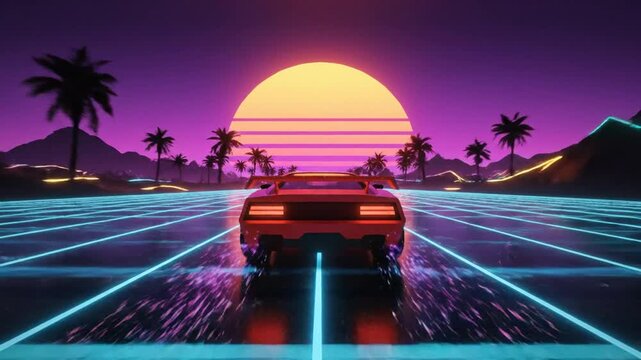 Retro Car Driving into the Sunset - A Synthwave Aesthetic.