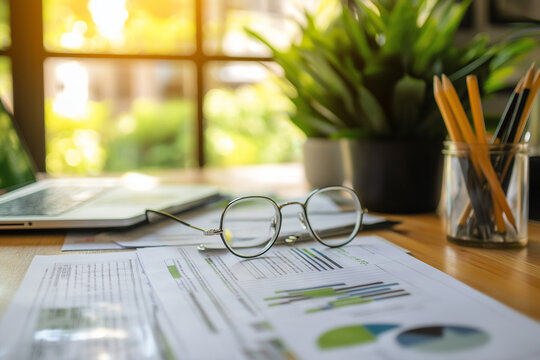 Close-up of a sustainability consultant's desk with sustainability reports and green building plans, illustrating a job in sustainability consulting