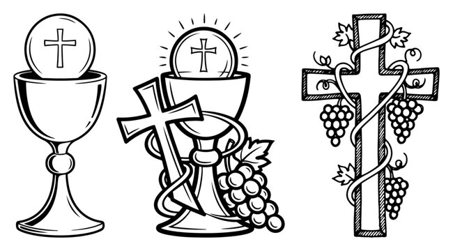 Holy communion symbols featuring chalice host and cross with grapes in clean line art style