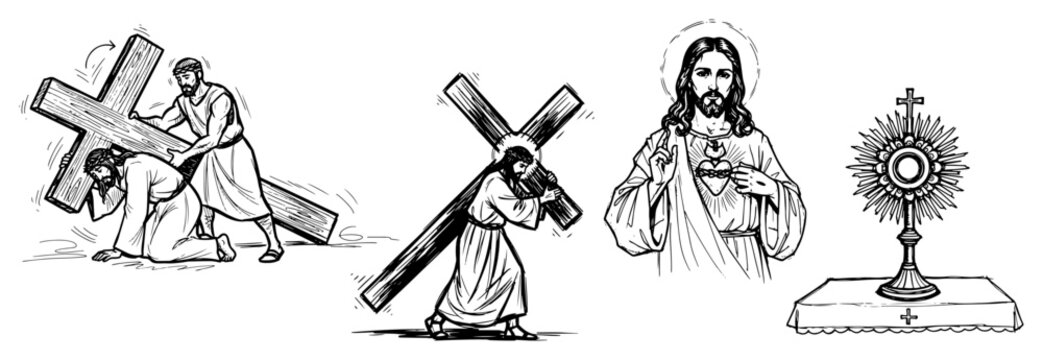 Jesus Christ stations of the cross with Sacred Heart and monstrance in sketch style