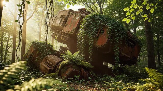 Rusted Industrial Machinery Overgrown with Vines in Sunlit Dense Forest Environment for Abandonment Concept