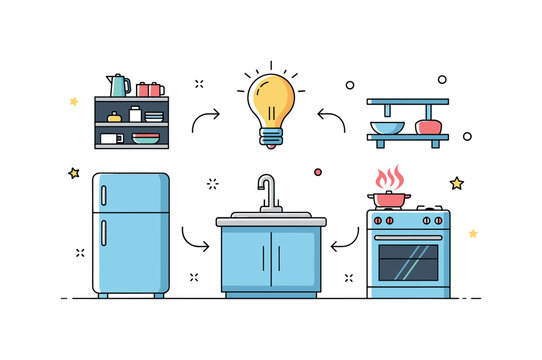 Kitchen workflow efficiency idea illustrated by subtle arrows connecting fridge, sink and stove icons, symbolizing smooth movement and ergonomic planning. The