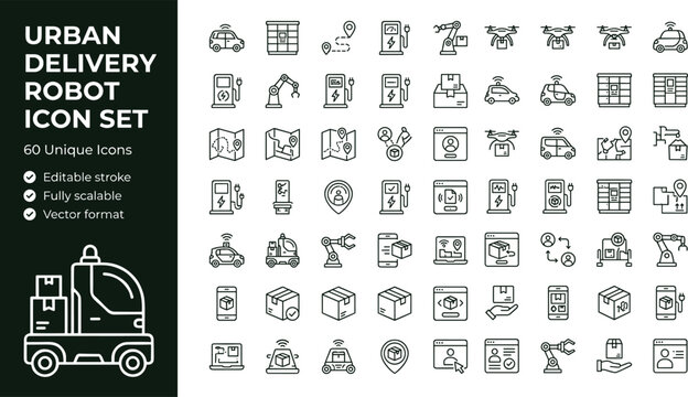Urban delivery robot line icon set with autonomous logistics vehicles smart courier systems and transport technology symbols