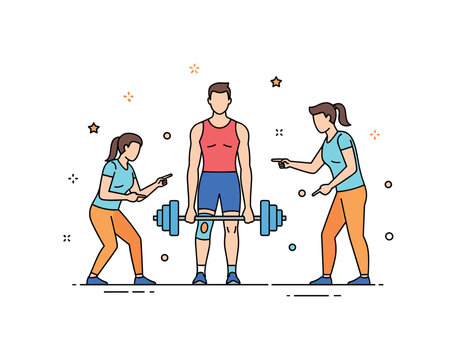 Fitness coach ensuring safe lifting technique theme shown as a trainer pointing to foot placement and balanced stance while the athlete holds a barbell at mid