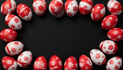 Obraz premium Red and white easter eggs on a black background. Space for text. 