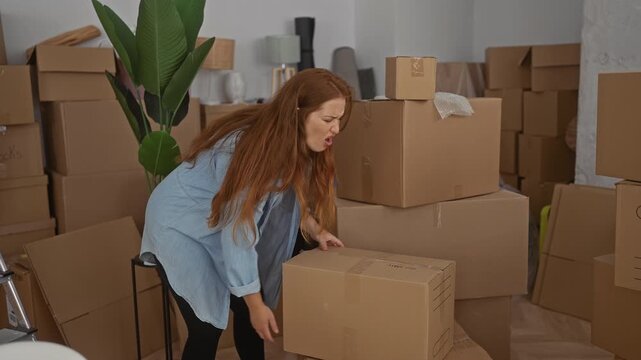 Pregnant woman lifts moving box in building surrounded by packed cardboard boxes while holding lower back for backache; discomfort.