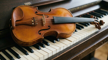 Fototapeta premium Elegant close-up of vintage violin and piano keys: classical instruments intertwined in harmony, showing the texture of the wood, strings and keys without logos