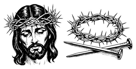Jesus Christ with crown of thorns and crucifixion nails in vintage sketch style © AnimalZOO