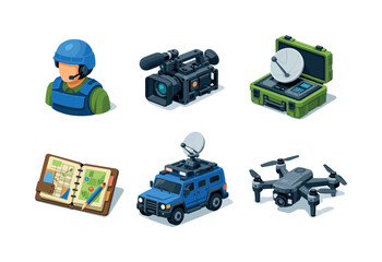 War Correspondence. Isometric flat vector icons set of War Correspondence: reporter wearing protective helmet and vest, rugged broadcast camera with protective