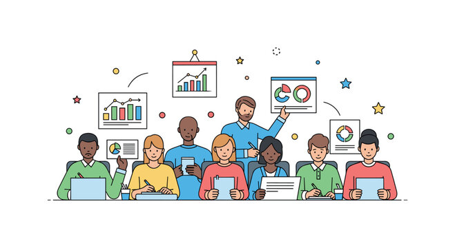 Audience behavior studies observing a group of diverse people sitting in a seminar setting, attentively taking notes and engaging with visual charts,