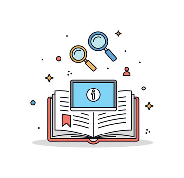 Media literacy education open book transforming into small screen and magnifying glass symbols above it. A thoughtful visual metaphor for critical thinking and