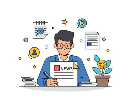 Journalist preparing a news report with notes, small stars and abstract icons emphasizing ethical practices, credibility, and dedication to truth. Minimalist