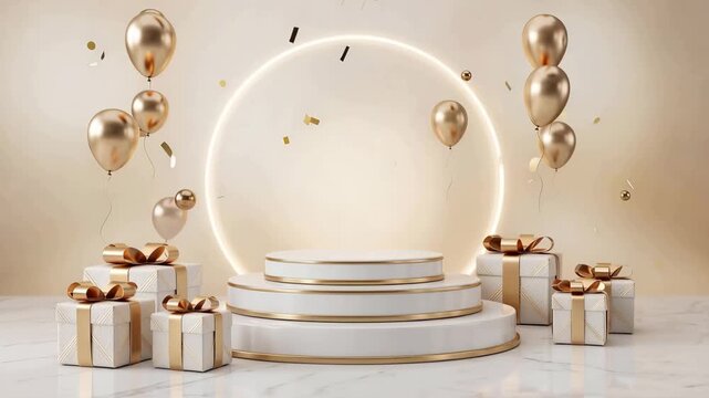 Elegant Product Display Podium with Balloons and Gift Boxes, Mothers Day Celebration Concept, Luxury Showcase Stage, Festive Background, Premium Presentation, Video
