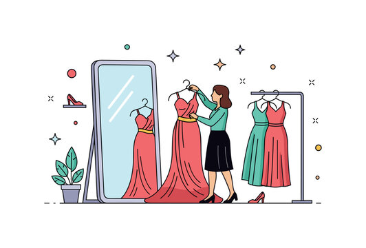 Trying on evening dresses in a boutique with a person adjusting a gown in front of a mirror, highlighting elegance, confidence, and style experimentation.