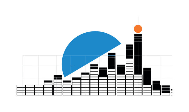 Black and white abstract equalizer bars forming geometric skyline, large blue semicircle intersecting upper composition, orange circular accent marking peak