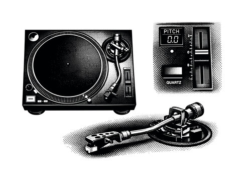 Vinyl Turntable ? direct-drive DJ turntable. A professional direct-drive vinyl turntable depicted as one isolated object displayed in three distinct views