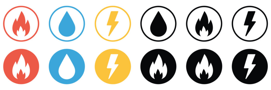Gas, water and electricity icon set, vector illustrations of public utility signs, including thunderbolt for electricity, water drop, and gas flame, suitable for utility dashboards, safety signage, 
