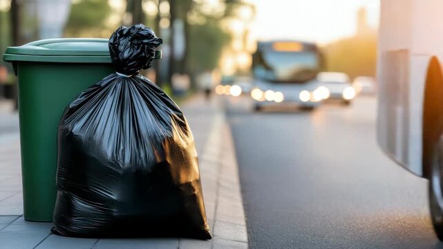 A trash bag stands next to a green bin along a busy street as buses pass by during sunset hours