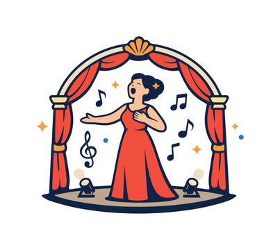 Opera diva on grand stage capturing a classical singer in an elegant gown under a theater arch with subtle musical notes floating around, representing powerful
