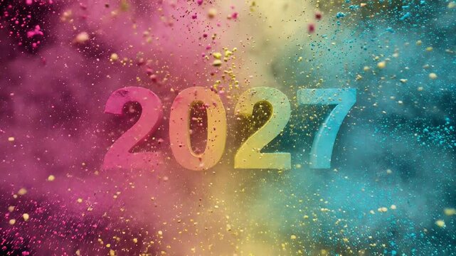 2027 Numbers Formed by Dynamic Colorful Powder Explosion on Dark Background