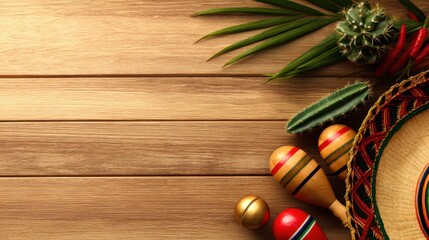 Naklejka premium A vibrant arrangement of maracas, a sombrero, and cacti on a wooden surface