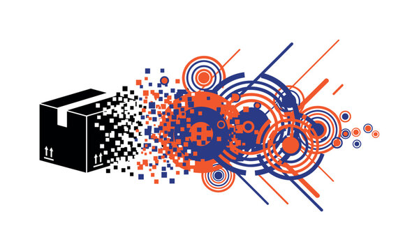 Black and white delivery box with barcode transforming into abstract digital pixels, concentric circles and diagonal lines emphasizing movement, bold orange