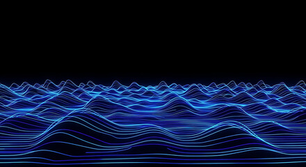 undulating blue light lines visualize digital data or sound waves in a futuristic abstract landscape perfect for tech content.