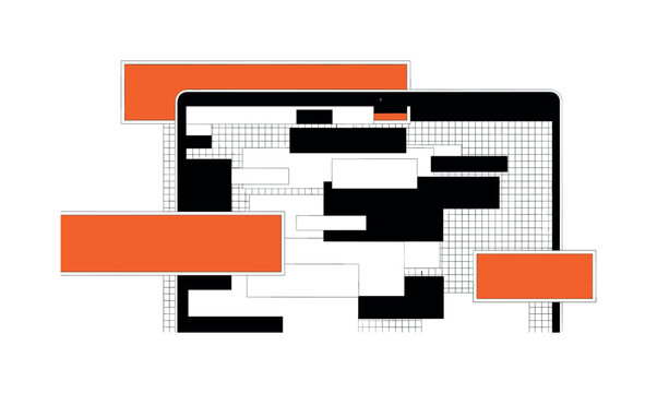 Black and white enlarged laptop screen with a doctor?s face mid-consultation, framed by bold orange rectangular bars and fine black grid lines suggesting
