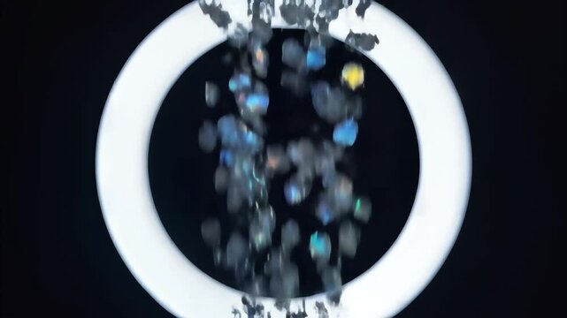 Ring light illuminating falling translucent crystal-like particles against a dark background for abstract science