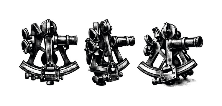 Antique sextant navigation scientific instrument showing a traditional brass sextant with arc frame, mirrors, and adjustment screws presented in three views:
