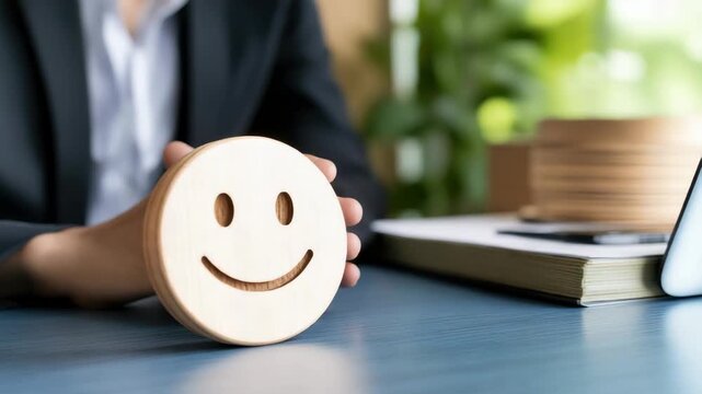 A person interacts with a wooden smile face on a desk. The person shows emotions while sitting at a table next to a laptop and plants