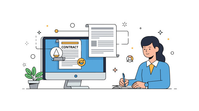 Digital legal assistant on a computer screen providing contract review and law references while a professional takes notes, highlighting smart AI support and