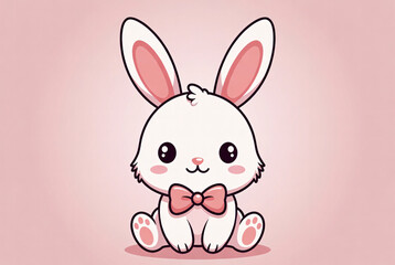 Obraz premium Cute Cartoon White Easter Bunny with Pink Bow