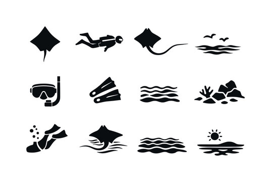 Stingray Swimming. Solid icon set of Stingray Swimming: stingray silhouette, swimmer nearby, long tail ray, sandy seabed, shallow water, snorkel gear, fins