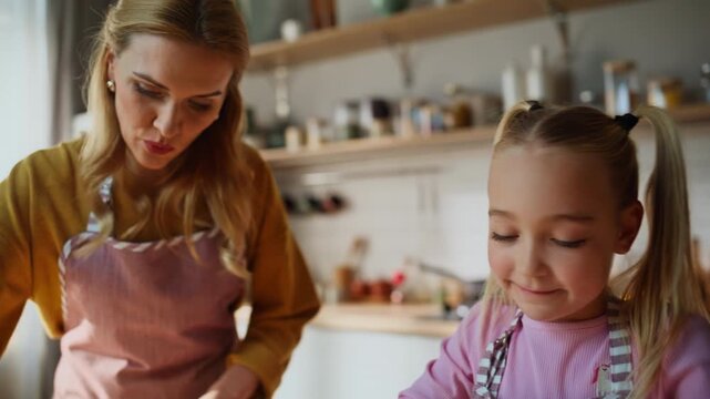Curious kid rolling dough on table apartment closeup. Mother teach daughter bake