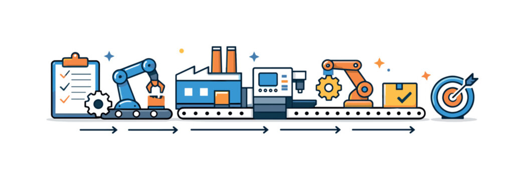 Manufacturing process planning conveying structure, reliability and technical confidence. A confident visual metaphor built from a linear factory setup with