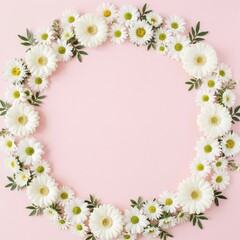 Obraz premium A beautiful circular wreath frame arrangement of fresh white gerbera daisies and small daisies with green leaves against a soft pink background