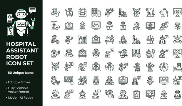 Hospital assistant robot line icon set with healthcare automation robotic helpers telemedicine devices and smart medical service symbols