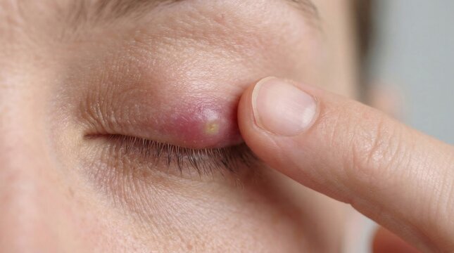 Infected Eyelid Chalazion Finger Checks Swollen Eye  Close Up.
