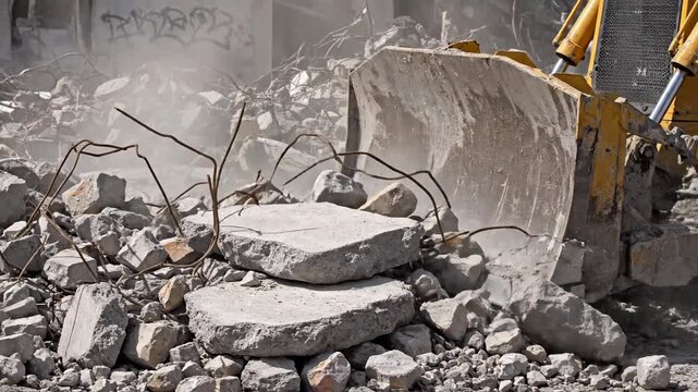Bulldozer Blade Pushing Concrete Debris on Dusty Demolition Site for Construction Cleanup