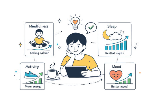 Personal wellness insights. A user reviewing summarized wellness data with friendly icons and gentle upward trends. The scene highlights self-awareness,