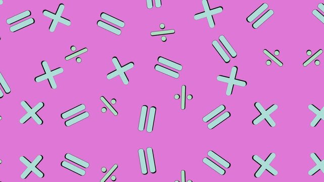 Retro 90s Style Math Symbols Spinning Shaking and Distorting Moving Diagonally Upward on Pink Background, Memphis Design, 4K Motion Background